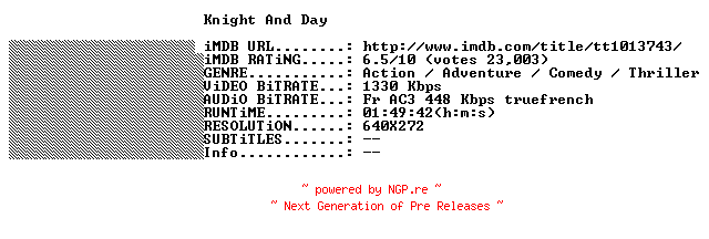 NFO for the release Knight.And.Day.FRENCH.BDRiP.XViD-THENiGHTMARE by THENiGHTMARE