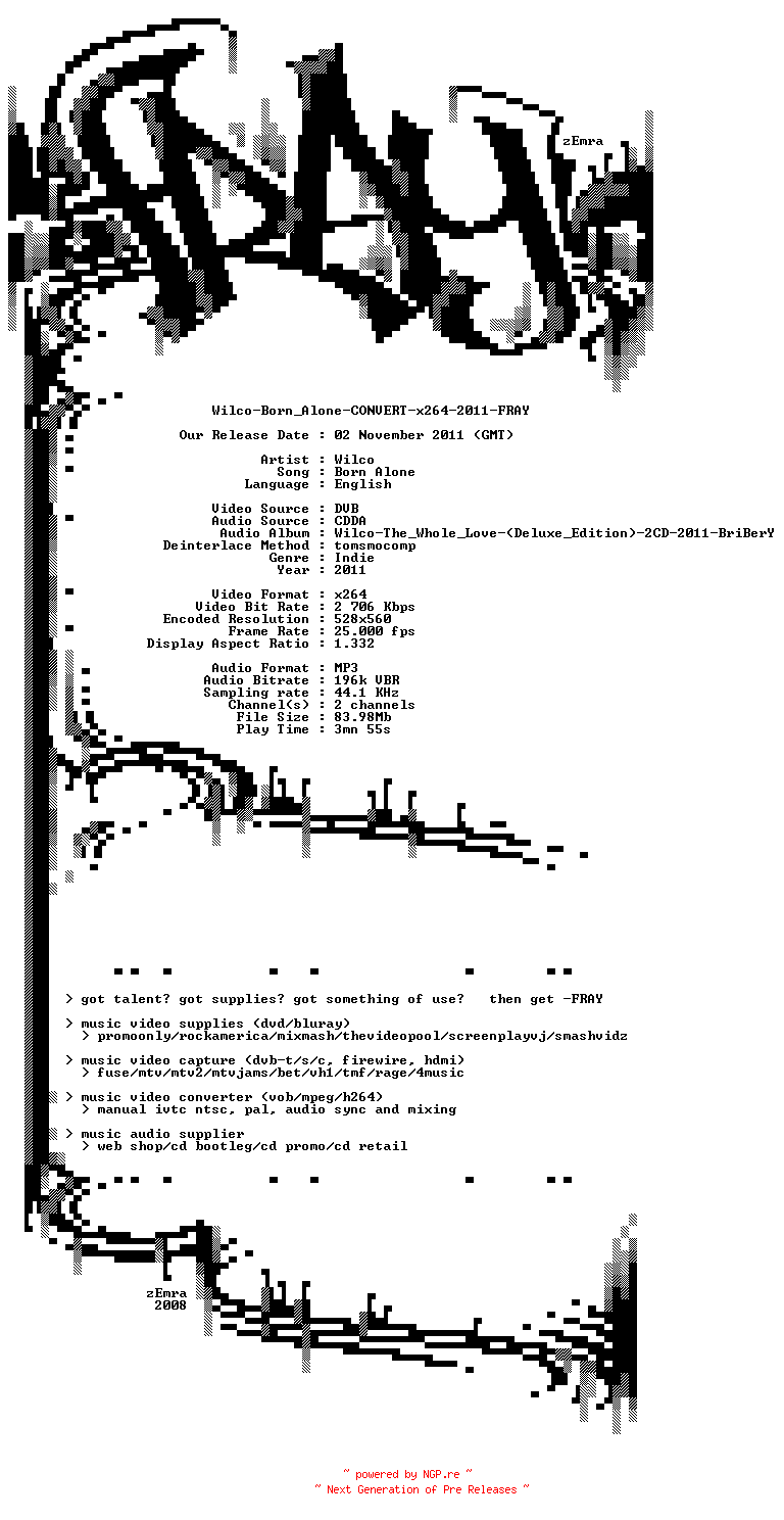 NFO for the release Wilco-Born_Alone-CONVERT-x264-2011-FRAY by FRAY