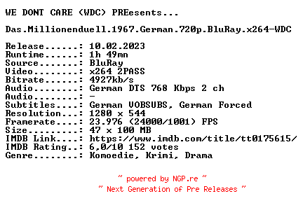 NFO for the release Das.Millionenduell.1967.German.720p.BluRay.x264-WDC by WDC