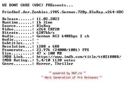 NFO for the release Friedhof.der.Zombies.1985.German.720p.BluRay.x264-WDC by WDC