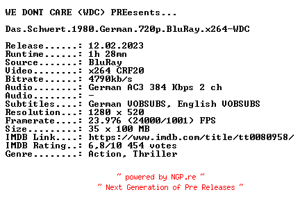 NFO for the release Das.Schwert.1980.German.720p.BluRay.x264-WDC by WDC