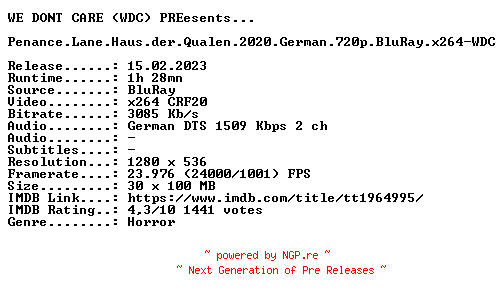 NFO for the release Penance.Lane.Haus.der.Qualen.2020.German.720p.BluRay.x264-WDC by WDC