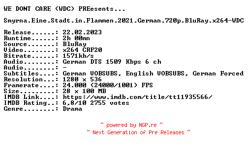 NFO for the release Smyrna.Eine.Stadt.in.Flammen.2021.German.720p.BluRay.x264-WDC by WDC