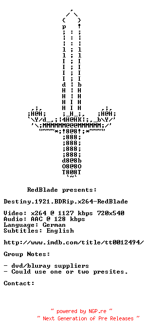 NFO for the release Destiny.1921.BDRip.x264-RedBlade by RedBlade
