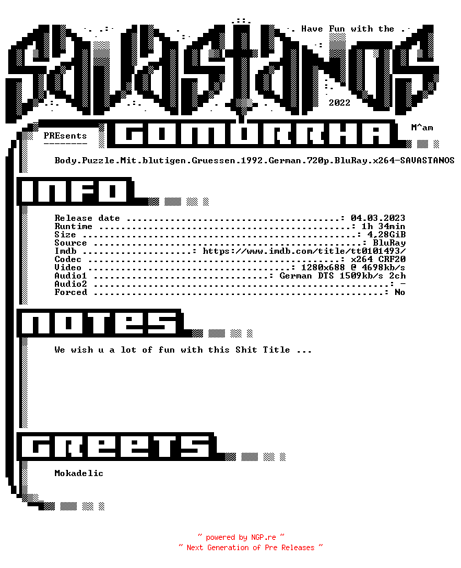 NFO for the release Body.Puzzle.Mit.blutigen.Gruessen.1992.German.720p.BluRay.x264-SAVASTANOS by SAVASTANOS