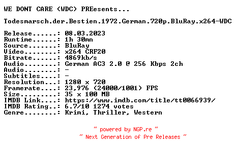 NFO for the release Todesmarsch.der.Bestien.1972.German.720p.BluRay.x264-WDC by WDC
