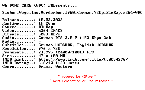 NFO for the release Sieben.Wege.ins.Verderben.1960.German.720p.BluRay.x264-WDC by WDC