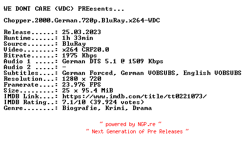 NFO for the release Chopper.2000.German.720p.BluRay.x264-WDC by WDC