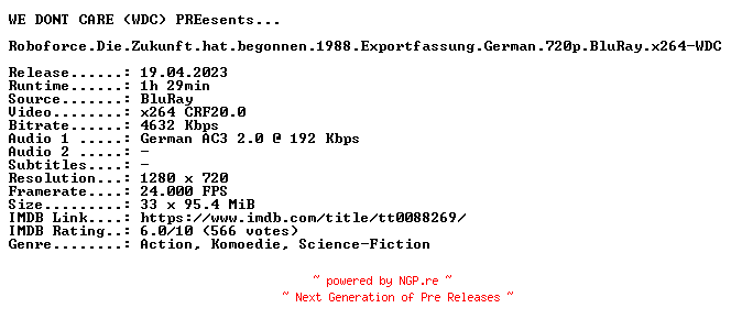 NFO for the release Roboforce.Die.Zukunft.hat.begonnen.1988.Exportfassung.German.720p.BluRay.x264-WDC by WDC