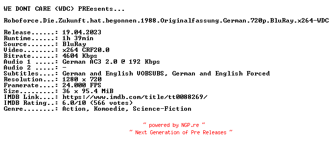 NFO for the release Roboforce.Die.Zukunft.hat.begonnen.1988.Originalfassung.German.720p.BluRay.x264-WDC by WDC