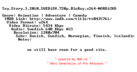 NFO for the release Toy.Story.3.2010.SWEDiSH.720p.BluRay.x264-NORDiCHD by NORDiCHD