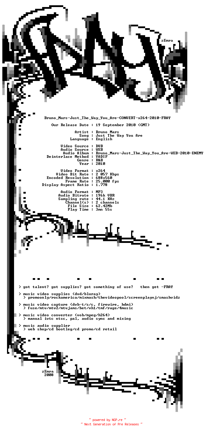 NFO for the release Bruno_Mars-Just_The_Way_You_Are-CONVERT-x264-2010-FRAY by FRAY