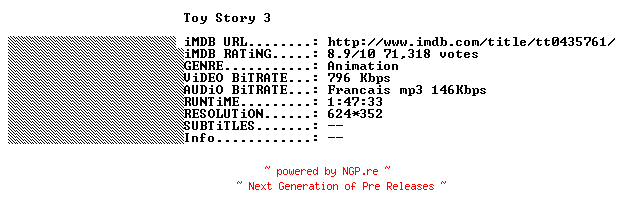 NFO for the release Toy.Story.3.FRENCH.BDRiP.XViD-THENiGHTMARE by THENiGHTMARE