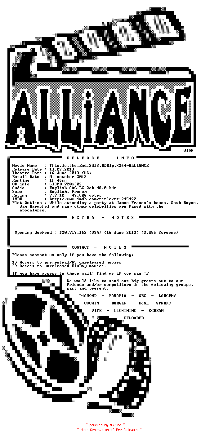 NFO for the release This.is.the.End.2013.BDRip.X264-ALLiANCE by ALLiANCE