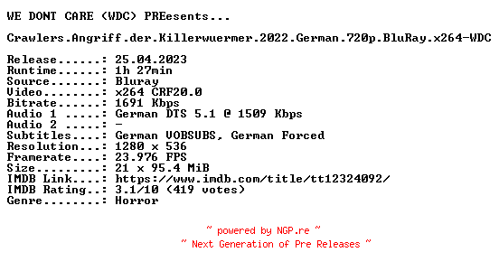 NFO for the release Crawlers.Angriff.der.Killerwuermer.2022.German.720p.BluRay.x264-WDC by WDC