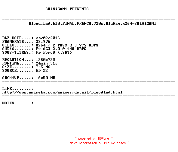 NFO for the release Blood.Lad.E10.FiNAL.FRENCH.720p.BluRay.x264-SHiNiGAMi by SHiNiGAMi