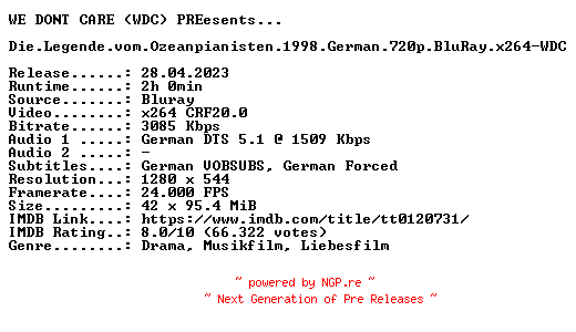 NFO for the release Die.Legende.vom.Ozeanpianisten.1998.German.720p.BluRay.x264-WDC by WDC