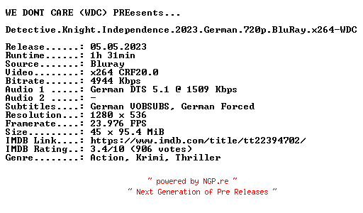 NFO for the release Detective.Knight.Independence.2023.German.720p.BluRay.x264-WDC by WDC