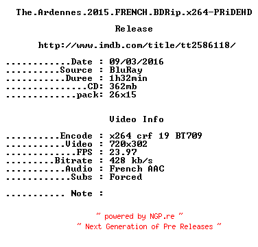 NFO for the release The.Ardennes.2015.FRENCH.BDRip.x264-PRiDEHD by PRiDEHD