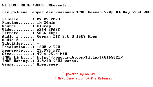NFO for the release Der.goldene.Tempel.der.Amazonen.1986.German.720p.BluRay.x264-WDC by WDC