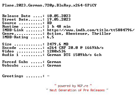 NFO for the release Plane.2023.German.720p.BluRay.x264-SPiCY by SPiCY