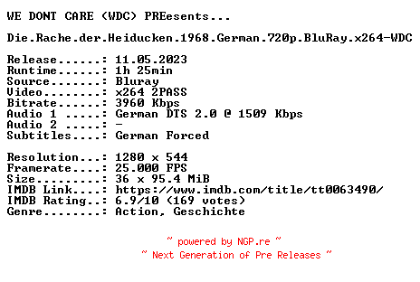 NFO for the release Die.Rache.der.Heiducken.1968.German.720p.BluRay.x264-WDC by WDC