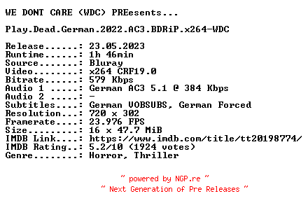 NFO for the release Play.Dead.German.2022.AC3.BDRiP.x264-WDC by WDC