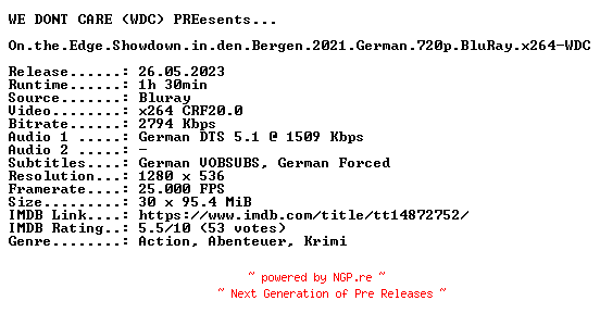 NFO for the release On.the.Edge.Showdown.in.den.Bergen.2021.German.720p.BluRay.x264-WDC by WDC