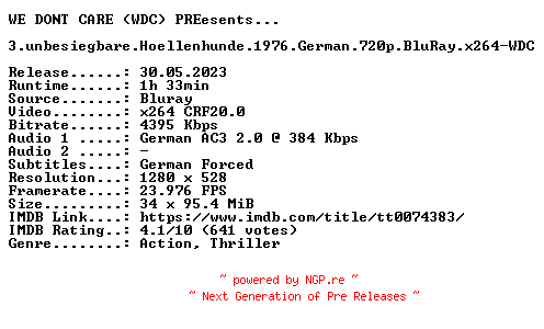 NFO for the release 3.unbesiegbare.Hoellenhunde.1976.German.720p.BluRay.x264-WDC by WDC