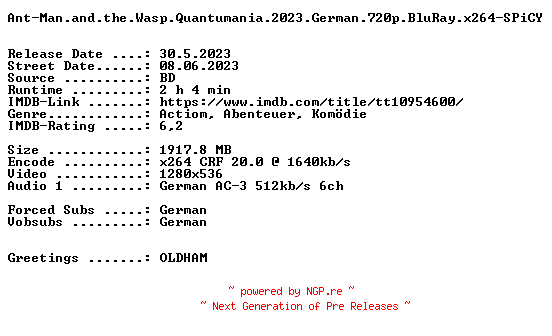 NFO for the release Ant-Man.and.the.Wasp.Quantumania.2023.German.720p.BluRay.x264-SPiCY by SPiCY