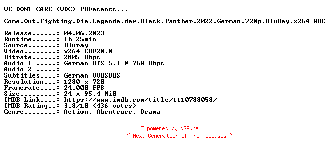 NFO for the release Come.Out.Fighting.Die.Legende.der.Black.Panther.2022.German.720p.BluRay.x264-WDC by WDC