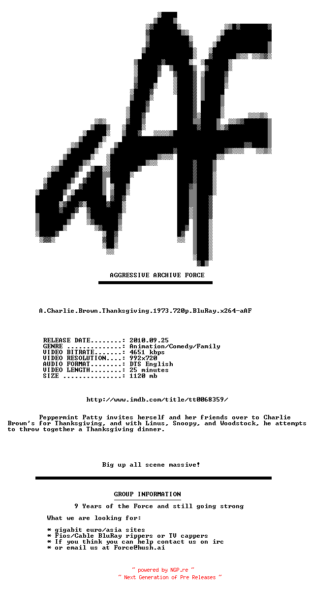 NFO for the release A.Charlie.Brown.Thanksgiving.1973.720p.BluRay.x264-aAF by aAF