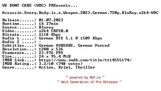NFO for the release Assassin.Every.Body.is.a.Weapon.2023.German.720p.BluRay.x264-WDC by WDC