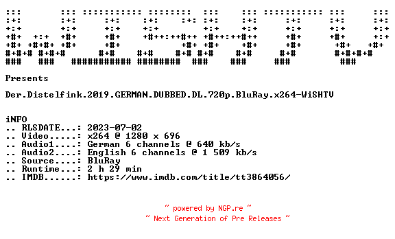 NFO for the release Der.Distelfink.2019.GERMAN.DUBBED.DL.720p.BluRay.x264-WiSHTV by WiSHTV