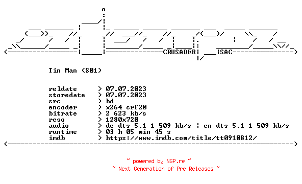 NFO for the release Tin.Man.S01.German.DL.720p.BluRay.x264-iNTENTiON by iNTENTiON