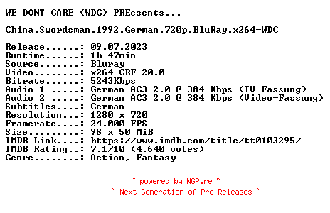 NFO for the release China.Swordsman.1992.German.720p.BluRay.x264-WDC by WDC