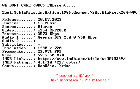 NFO for the release Zwei.Schlaffis.in.Aktion.1986.German.720p.BluRay.x264-WDC by WDC