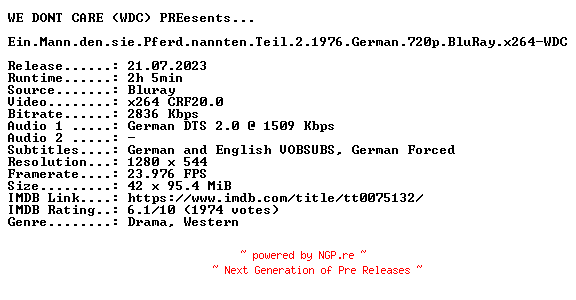 NFO for the release Ein.Mann.den.sie.Pferd.nannten.Teil.2.1976.German.720p.BluRay.x264-WDC by WDC