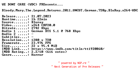 NFO for the release Bloody.Mary.The.Legend.Returns.2011.UNCUT.German.720p.BluRay.x264-WDC by WDC