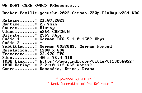 NFO for the release Broker.Familie.gesucht.2022.German.720p.BluRay.x264-WDC by WDC