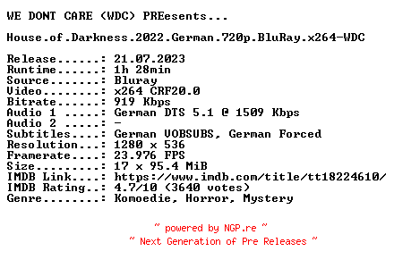 NFO for the release House.of.Darkness.2022.German.720p.BluRay.x264-WDC by WDC