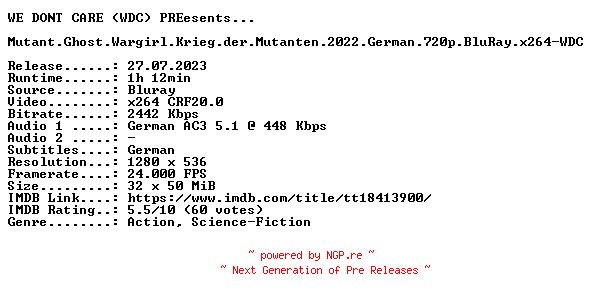NFO for the release Mutant.Ghost.Wargirl.Krieg.der.Mutanten.2022.German.720p.BluRay.x264-WDC by WDC
