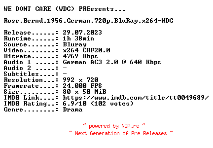 NFO for the release Rose.Bernd.1956.German.720p.BluRay.x264-WDC by WDC