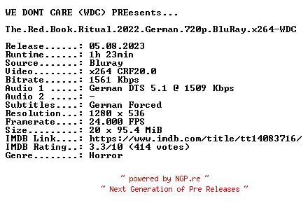 NFO for the release The.Red.Book.Ritual.2022.German.720p.BluRay.x264-WDC by WDC