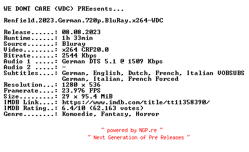 NFO for the release Renfield.2023.German.720p.BluRay.x264-WDC by WDC