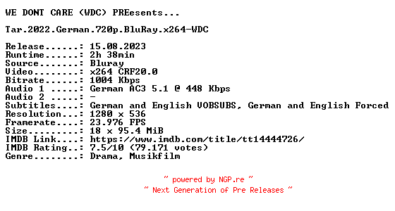 NFO for the release Tar.2022.German.720p.BluRay.x264-WDC by WDC