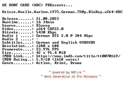 NFO for the release Heisse.Hoelle.Harlem.1973.German.720p.BluRay.x264-WDC by WDC