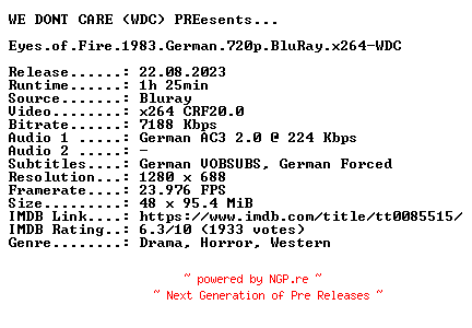 NFO for the release Eyes.of.Fire.1983.German.720p.BluRay.x264-WDC by WDC