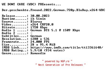 NFO for the release Der.geschenkte.Freund.2022.German.720p.BluRay.x264-WDC by WDC