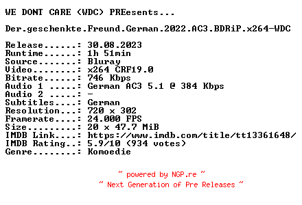 NFO for the release Der.geschenkte.Freund.German.2022.AC3.BDRiP.x264-WDC by WDC